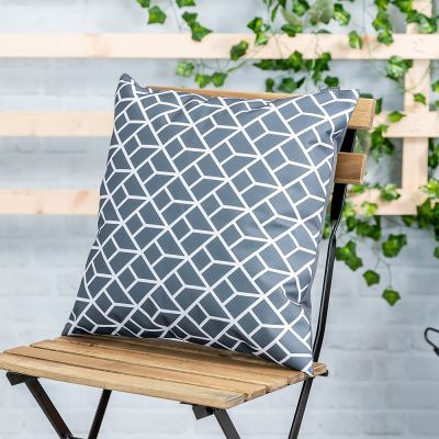 Charcoal grey geometric outdoor cushion lifestyle crop